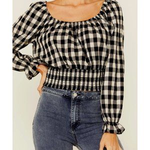 WOMEN'S BLACK GINGHAM TIE-BACK CROP TOP BLOUSE